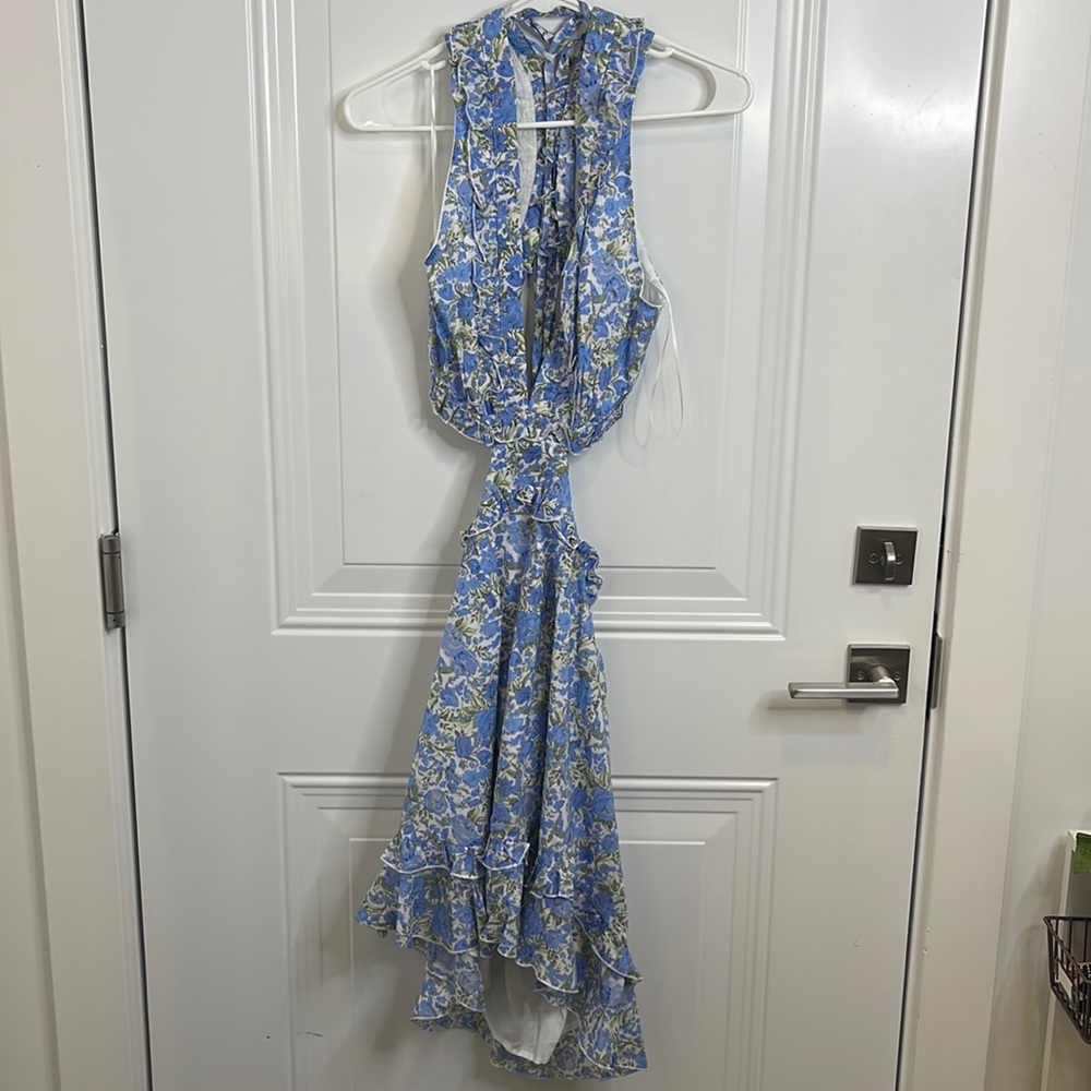 Flower open back blue dress